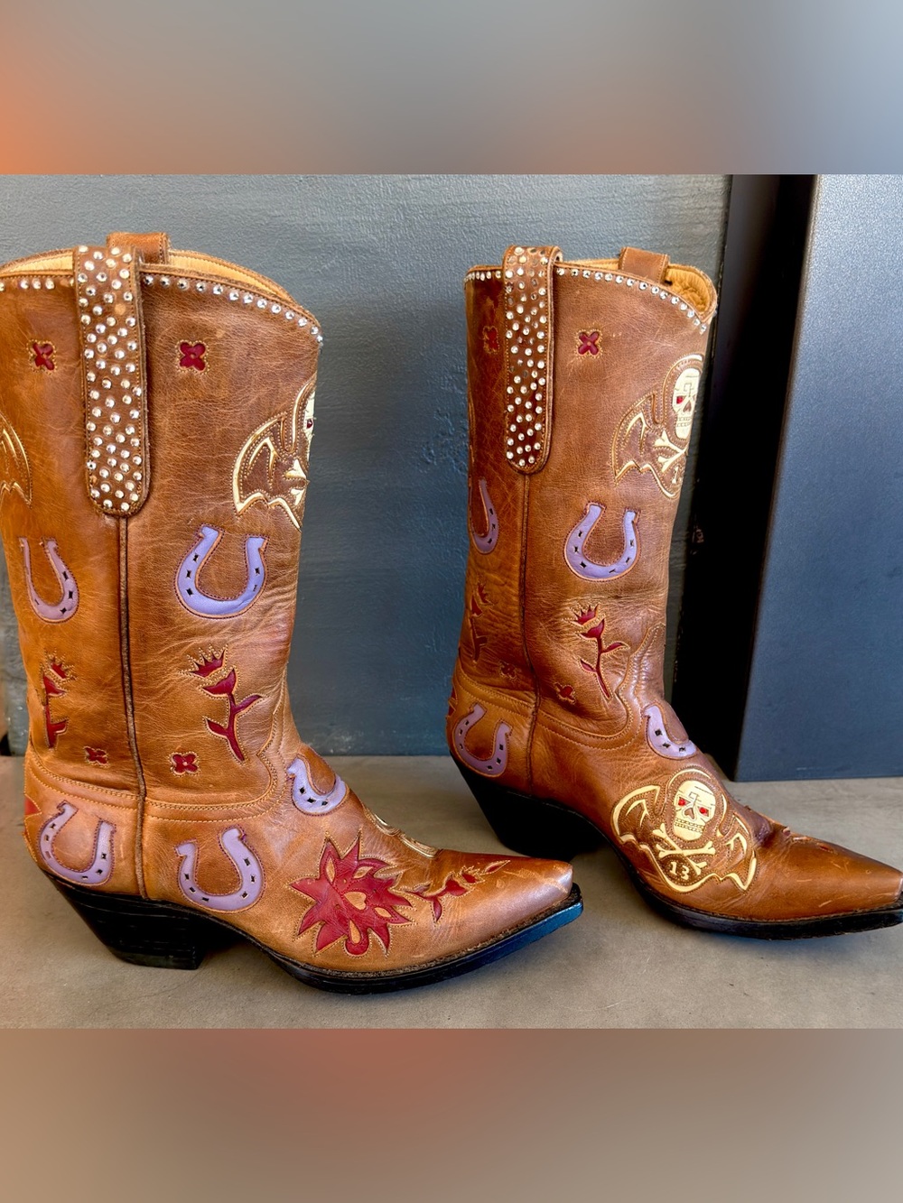 Vintage Liberty Boot Co. Handmade “Lucky 13” Boots w /Swarovski Crystals - 6.5B
